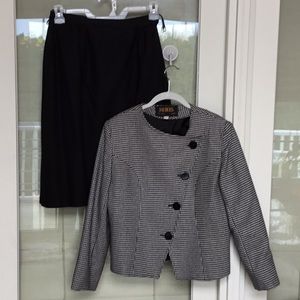 Jacques wool suit-houndstooth jacket/black skirt.
